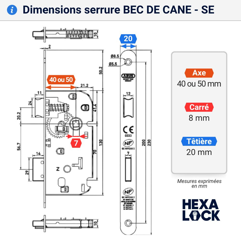 Schéma serrure encastrée, dimension abus SE BEC