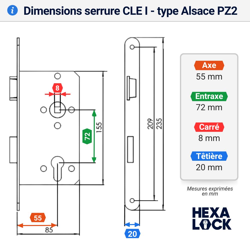 serrure encastrable alace à cylindr européen. ESK PZ2. abus. Axe 55 - DIMENSIONS
