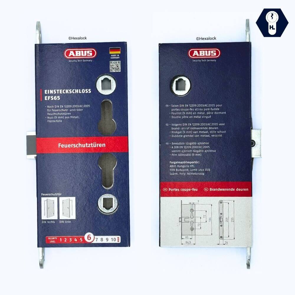 Packaging en carton broché de la serrure encastré porte coupe feu axe 65 efs 65. Sécurité 6 / 10