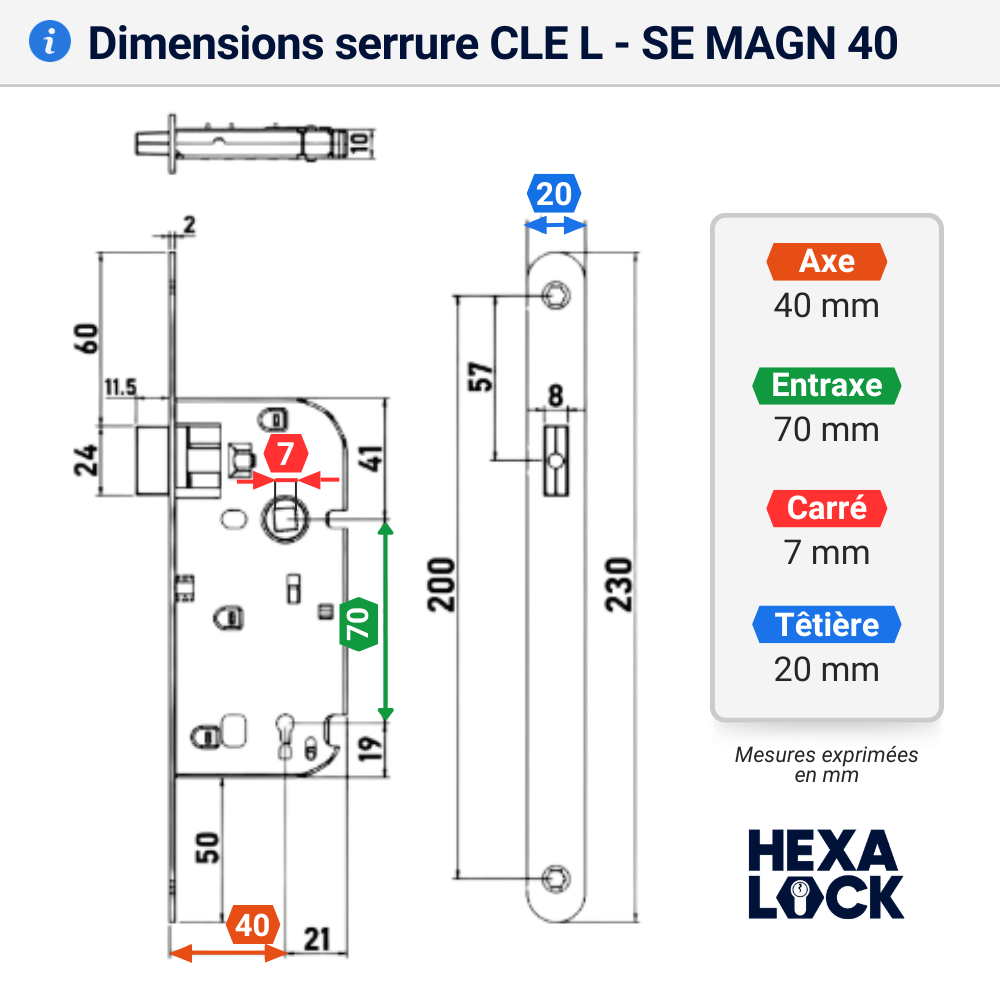 serrure magnétiue abus axe 40 clé L dimensions