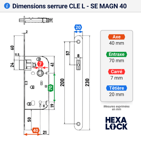 serrure magnétiue abus axe 40 clé L dimensions