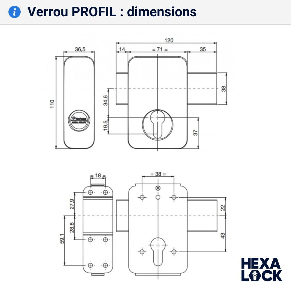 Verrou porte sans cylindre Vachette dimensions 